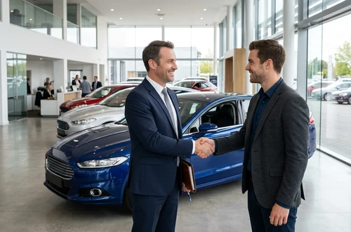 DriveWise lending specialist reviewing a car loan application with a client in a bright modern office